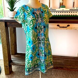 Lily Pulitzer Layton Dress Shift engineered print Sea Oat Green Blue Beige L